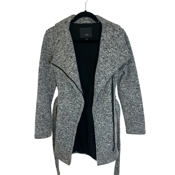 Steve Madden Black & White Salt & Pepper Heathered Belted Coat SZ Medium - Picture 4 of 12